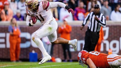 Former Florida State defensive end Jermaine Johnson has a good chance to go to the Falcons in the first round of the 2022 NFL draft. (Jacob Kupferman/TNS)