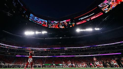 Cornerback Robert Alford of the Falcons stands on the field prior to the game against the at Mercedes-Benz Stadium on Sunday evening in Atlanta.
