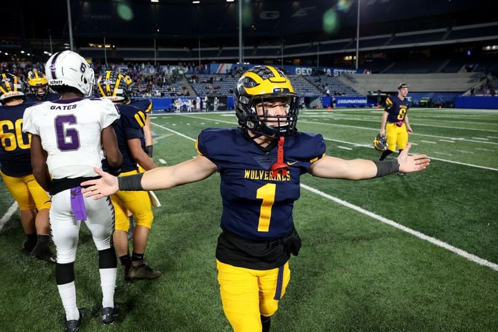 Prince Avenue Christian wide receiver Logan Johnson (1) celebrates their 41-21 win against Trinity Christian during the Class 1A Private championship at Center Parc Stadium Monday, December 28, 2020 in Atlanta, Ga.. JASON GETZ FOR THE ATLANTA JOURNAL-CONSTITUTION