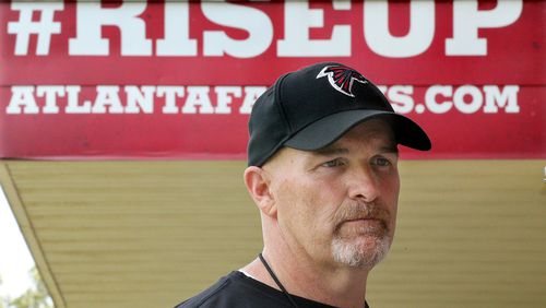 Flowery Branch: Atlanta Falcons head coach Dan Quinn during an interview with the AJC at rookie mini-camp on Friday, May 12, 2017, in Flowery Branch. Curtis Compton/ccompton@ajc.com
