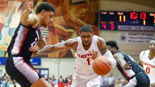 Obi Toppin of the Dayton Flyers drives to the basket against the Georgia defense during the first half of their first game in the Maui Invitational Monday, Nov. 25, 2019, at the Lahaina Civic Center in Lahaina, Hawaii.