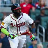 Atlanta Braves center fielder Michael Harris II hits a single during the first inning against the Miami Marlins at Truist Park, Wednesday, April 24, 2024, in Atlanta. (Jason Getz / AJC)
