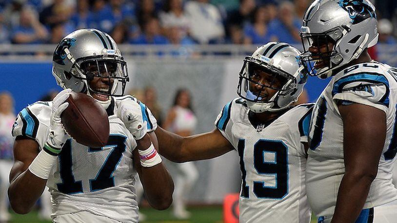 Carolina Panthers wide receiver Devin Funchess (17) celebrates his 10-yard touchdown catch against the Detroit Lions on October 8, 2017, at Ford Field in Detroit. (Jeff Siner/Charlotte Observer/TNS)