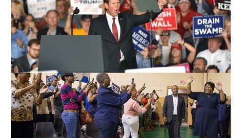 (top) GOP gubernatorial candidate Brian Kemp takes on the stage before President Donald J. Trump arrives during the Make America Great Again Rally in Macon on Sunday, November 4, 2018. HYOSUB SHIN / HSHIN@AJC.COM (bottom) Georgia gubernatorial candidate Stacey Abrams (right) is welcomed with cheers from supporters at a rally held at the Henry Brigham Community Center in Augusta, on Sunday, November 4, 2018. (ALYSSA POINTER/ALYSSA.POINTER@AJC.COM)