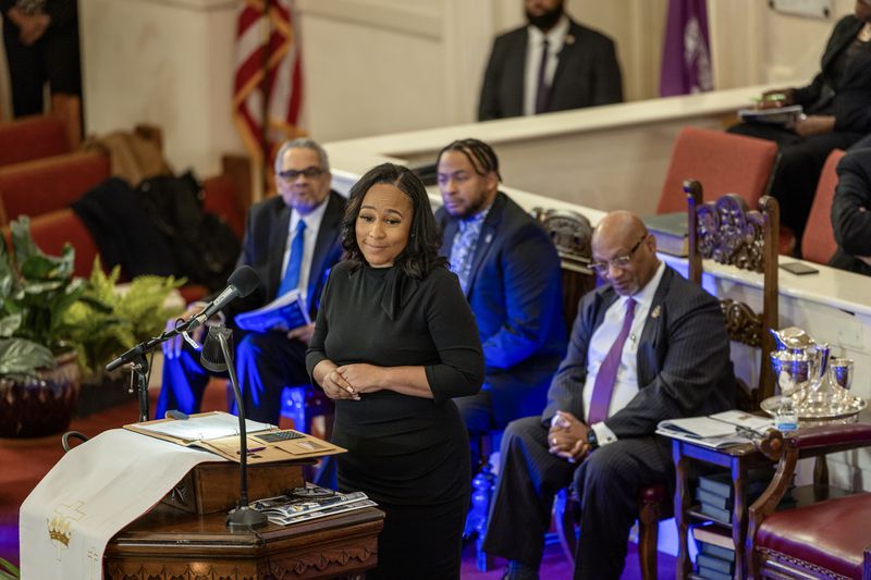 Fani Willis, the prosecutor leading the election interference case against former President Donald Trump in Georgia, appears during a visit to Big Bethel AME Church in Atlanta on Jan. 14, 2024. (Lynsey Weatherspoon/The New York Times)
                      