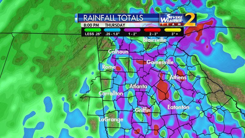A storm system Thursday afternoon could produce heavy downpours and 2 inches of rain in some areas. (Credit: Channel 2 Action News)