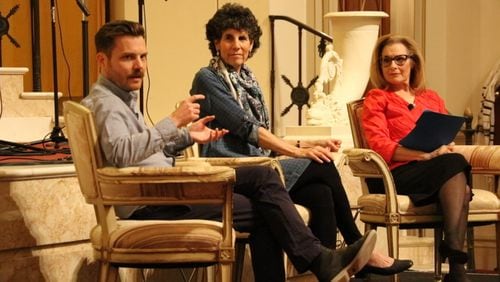 Radio host Lois Reitzes (right) moderates a Q&A about the Alliance Theatre production of “The Temple Bombing” with playwright Jimmy Maize and author Melissa Fay Greene at The Temple last month. Contributed by A’riel Tinter