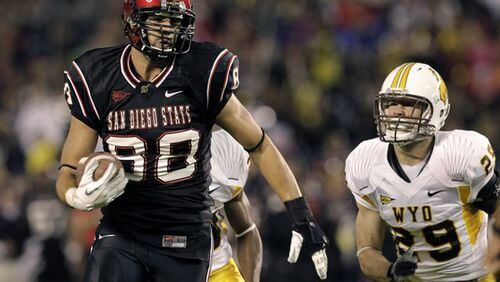 San Diego State's Gavin Escobar, left, runs for a touchdown as Wyoming safety Luke Ruff (29) pursues during the first quarter of an NCAA college football game Saturday, Oct. 29, 2011, in San Diego. (AP Photo/Gregory Bull)