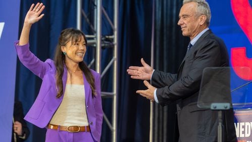 Independent presidential candidate Robert F. Kennedy Jr. introduces Nicole Shanahan as his running mate on March 26 in Oakland, Calif. (Karl Mondon/Bay Area News Group/TNS)