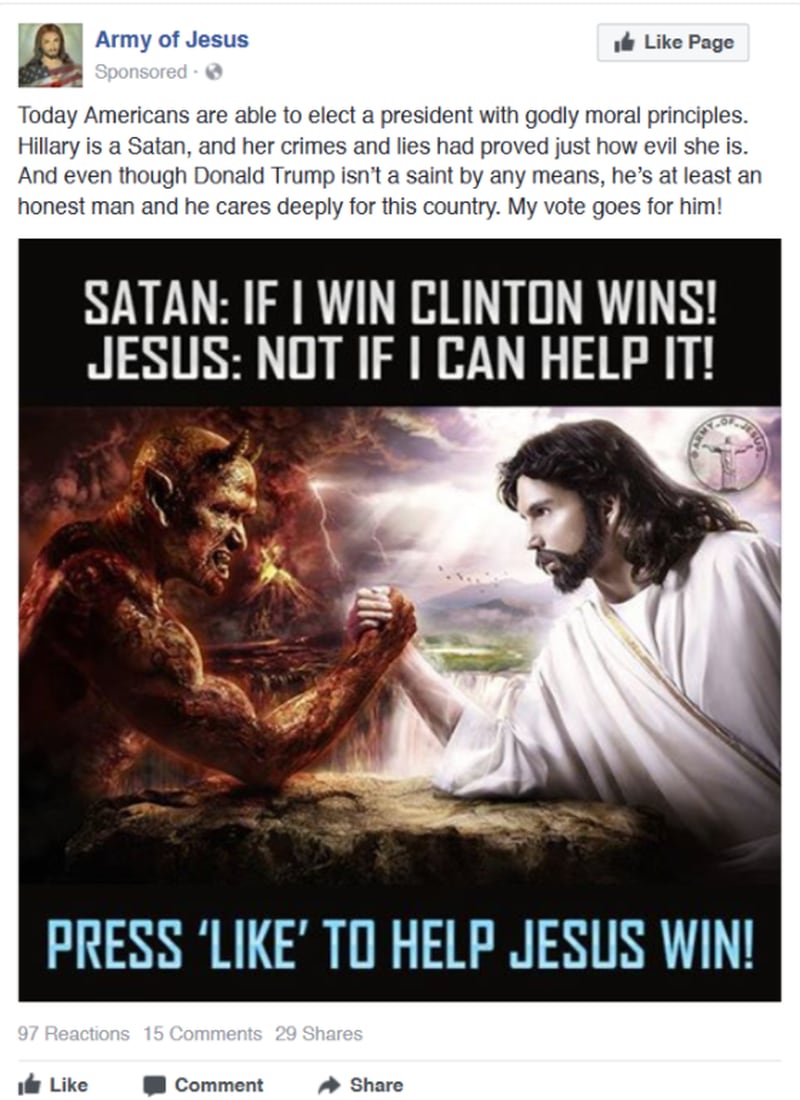 This Russian ad targets Facebook users whose interests include Christianity, Conservatism, Jesus, Bill O’ Reilly, Laura Ingraham and more. It’s another attack ad against Clinton.