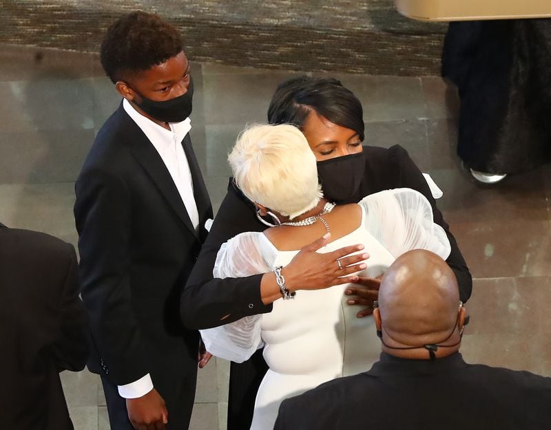 Atlanta Mayor Keisha Lance Bottoms (right) consoles Tomika Miller, the wife of Rayshard Brooks, at the conclusion of his funeral in Ebenezer Baptist Church on Tuesday, June 23, 2020 in Atlanta. Curtis Compton ccompton@ajc.com
