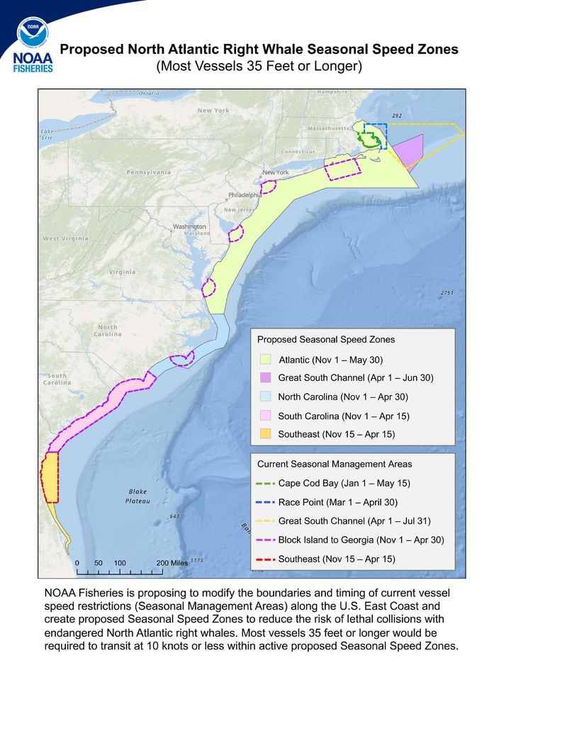 A map showing the proposed speed restricted zones along the East Coast. (Courtesy of NOAA)