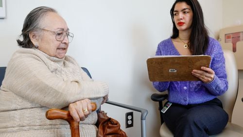 A patient at Georgia Memory Net Clinic at Grady Memorial Hospital, Beatriz Patiño (left), gets assistance from Dania Naser, a neuropsychology tester, as they work on an assessment on Monday, Nov. 20, 2023. 
Miguel Martinez /miguel.martinezjimenez@ajc.com