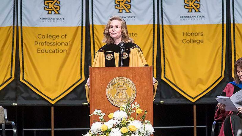 Kennesaw State University president Pamela S. Whitten speaks during the 223rd Kennesaw State University commencement ceremony at the convocation center on the university's main campus in this 2019 file photo. Whitten is leaving KSU to become president of Indiana University on July 1, 2021. (ALYSSA POINTER/ALYSSA.POINTER@AJC.COM)