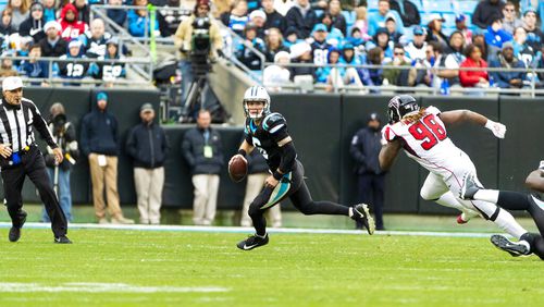 Carolina Panthers quarterback Taylor Heinicke (6) in action against the Atlanta Falcons during an NFL game in Charlotte, N.C. on Sunday, Dec. 23, 2018. (Chris Keane/AP Images for Panini)