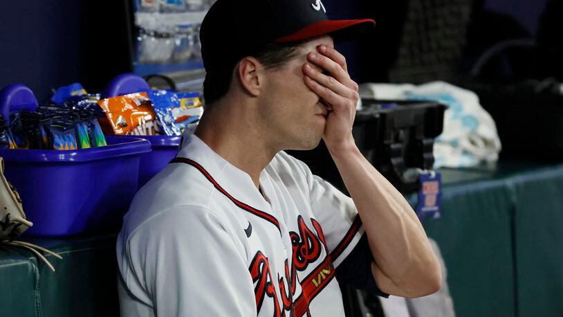 Braves starting pitcher Kyle Wright (30) reacts at the dugout after being removed during the fifth against the Philadelphia inning at Truist Park on Monday, Sept. 18, 2023, in Atlanta. Miguel Martinez / miguel.martinezjimenez@ajc.com 