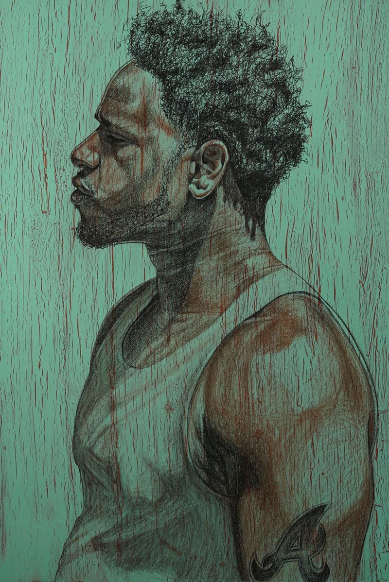 Alfred Conteh’s “Charles Jr.” in charcoal, acrylic and conte on paper.