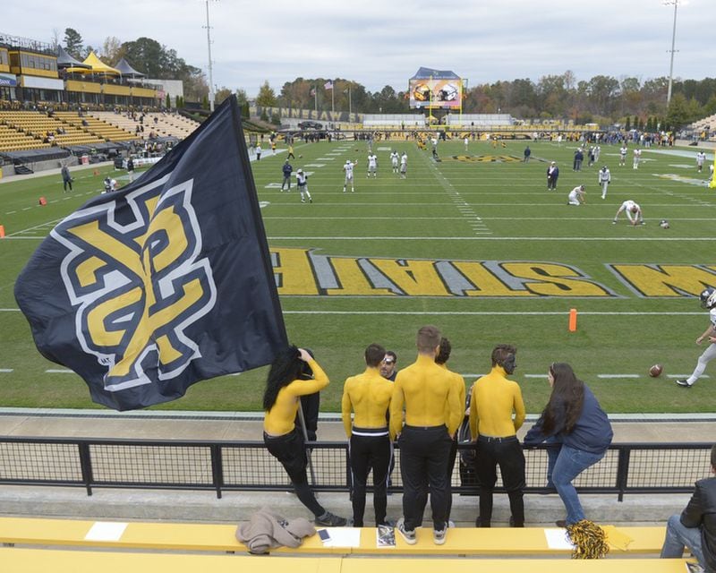Kennesaw, Ga . — A Kennesaw State University flag flies in the south end zone before the Owls’ game against Charleston Southern at Kennesaw Sate University’s Fifth Thirds Bank Stadium Saturday, Nov. 12, 2017. Special/Daniel Varnado