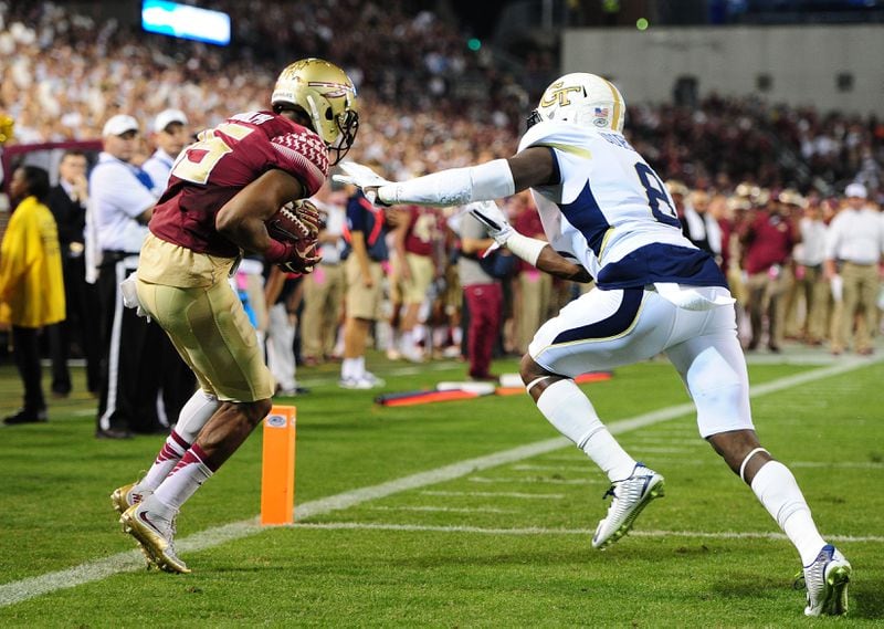 ATLANTA, GA - OCTOBER 24: Travis Rudolph #15 of the Florida State Seminoles makes a catch in the end zone against Step Durham #8 of the Georgia Tech Yellow Jackets but was ruled out of bounds on October 24, 2015 at Bobby Dodd Stadium in Atlanta, Georgia. Photo by Scott Cunningham/Getty Images)