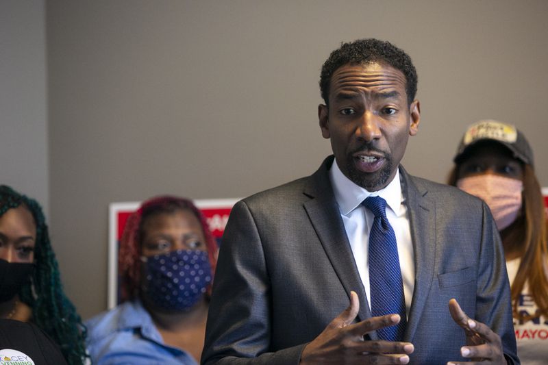 Councilmember Andre Dickens, candidate for Atlanta Mayor, speaks during a press conference at Dickens’ campaign headquarters in Atlanta, Georgia, where he announced his proposal for an Atlanta Department of Labor on September 9, 2021. (Rebecca Wright for the Atlanta Journal-Constitution)