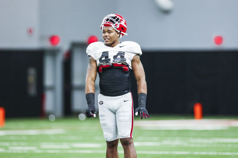 Georgia defensive lineman Travon Walker (44) during the Bulldogs’ practice session Tuesday, March 30, 2021, in Athens. (Tony Walsh/UGA)