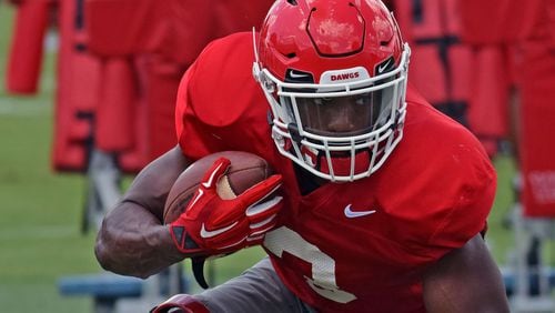 Georgia tailback Zamir White (3) during the Bulldogs' practice Monday, Aug. 6, 2018, at the Woodruff Practice Fields on the Georgia campus in Athens.