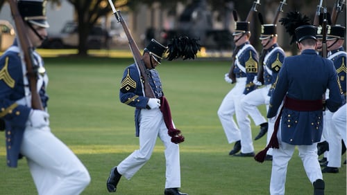Cadets from The Citadel (shown here rehearsing) will march in Friday's inaugural parade. Photos provided by The Citadel