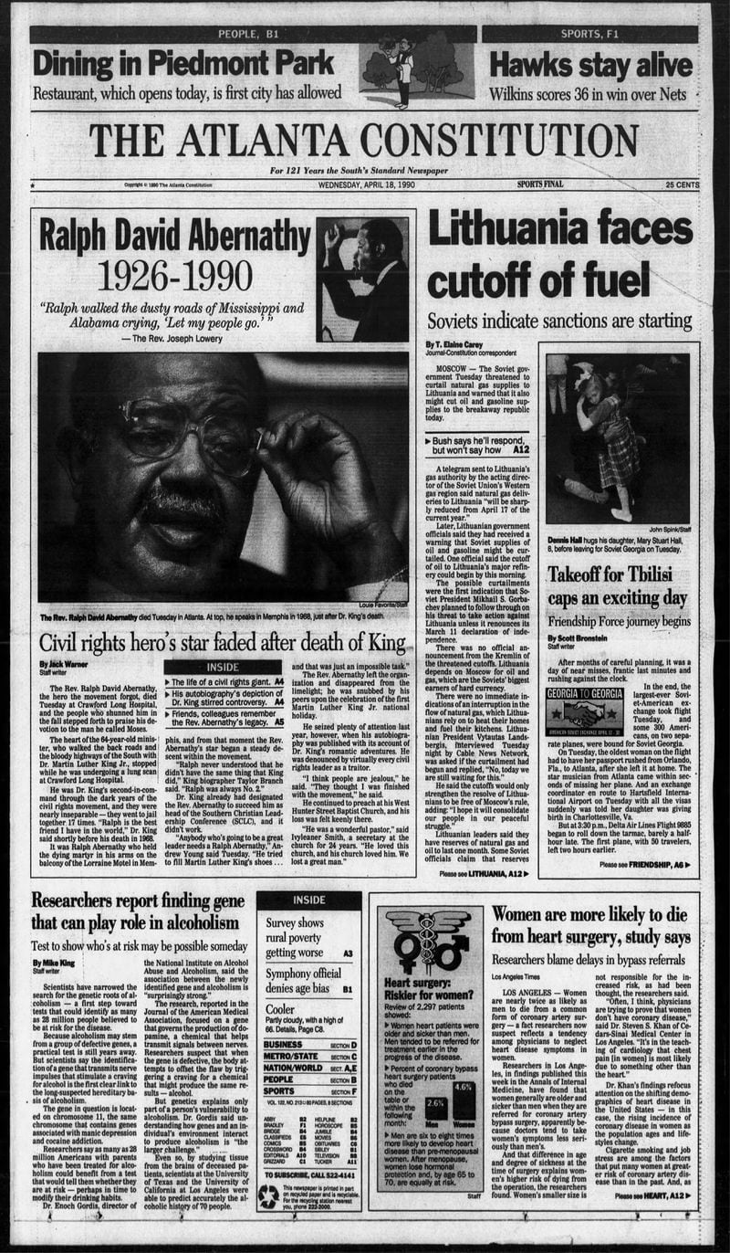 The Atlanta Constitution front page on April 18, 1990.