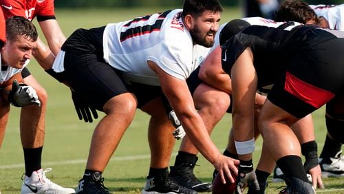 Atlanta Falcons center Matt Hennessy (61) is shown during their NFL training camp football practice Saturday, July 31, 2021, in Flowery Branch. (John Bazemore/AP)