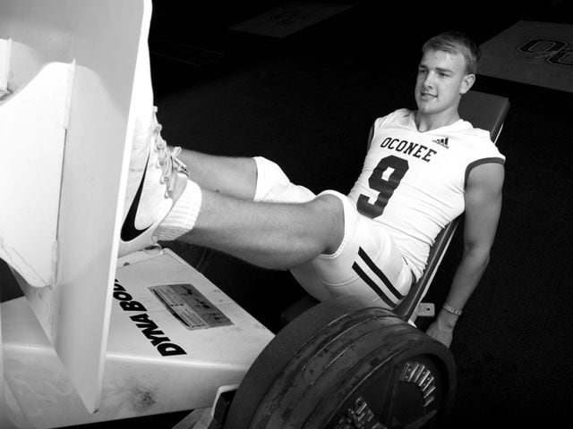 Oconee County High School tight end Jake Johnson is the top-rated player at the position nationally. The son of former NFL quarterback Brad Johnson, Jake Johnson also counts former Georgia coach Mark Richt as his uncle. Johnson is among the AJC Super 11 selections - the 11 best high school football players in Georgia - in 2021. (Tyson Alan Horne / Tyson.Horne@ajc.com)
