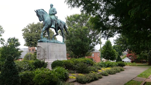 The statue of Confederate General Robert E. Lee still stands in Lee park in Charlottesville, Va., Monday, Aug. 14, 2017. Confederate monuments appear across the U.S., not only in the South.