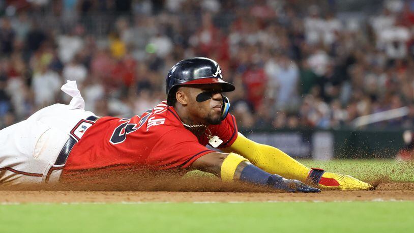 Braves right fielder Ronald Acuna advanced to third base during the eighth inning against the Los Angeles Dodgers at Truist Park Friday, June 24, 2022, in Atlanta. The Dodgers won 4-1. (Jason Getz / Jason.Getz@ajc.com)