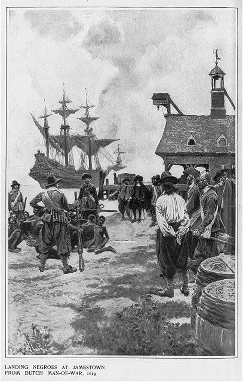 This drawing, entitled ‘Landing Negroes at Jamestown from Dutch man-of-war, 1619,’ chronicles the first 20 African slaves arriving in Jameston, Virginia. The illustration was printed in Harper’s Monthly Magazine in January 1901. Contriubuted by Library of Congress