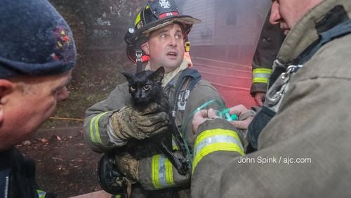 Hapeville firefighters prepare to give oxygen to a cat rescued from a house fire on Lavista Drive Tuesday morning. Nine other cats in the home did not make it out.