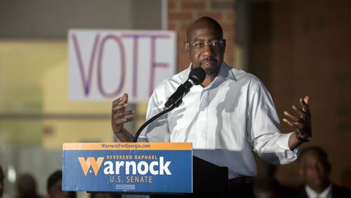 Candidate for U.S. Senate, Sen. Raphael Warnock D-Ga., speaks to supporters at an event at the Bethel AME Church Sunday, Nov. 6, 2022, in Savannah, Ga. (Stephen B. Morton for The Atlanta Journal-Constitution)