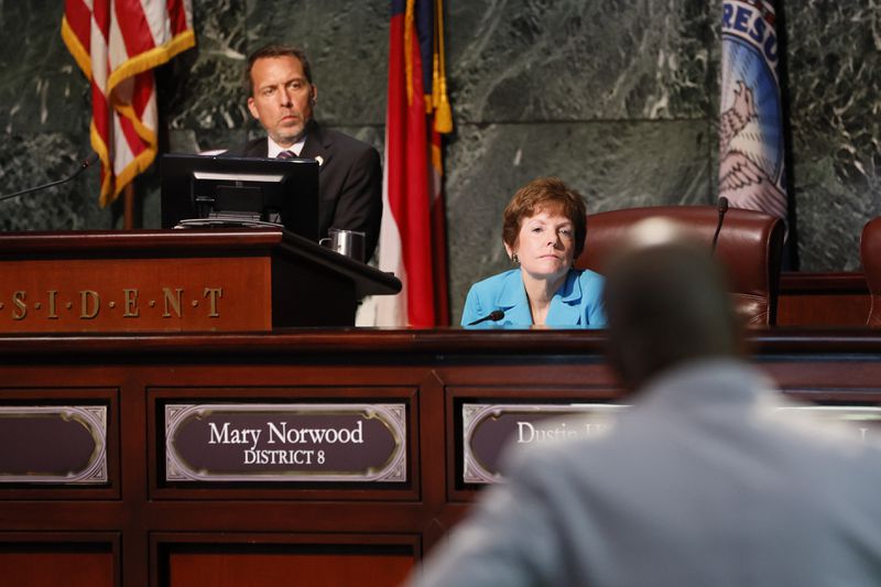 Atlanta Council  President Doug Shipman and Council member Mary Norwood watch a person from the audience speak during the Atlanta City Council meeting on Monday, August 15, 2022. Miguel Martinez / miguel.martinezjimenez@ajc.com