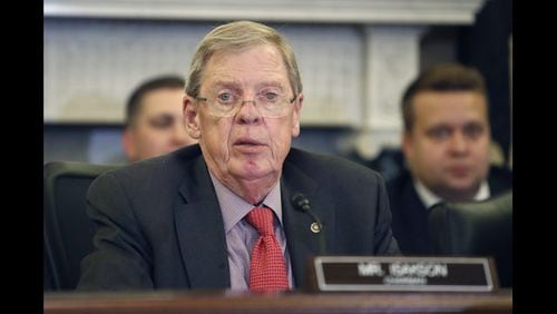 <p>               FILE - In this Sept. 26, 2018 file photo, Sen. Johnny Isakson, R-Ga., speaks during a hearing of the Senate Committee on Veterans' Affairs, on Capitol Hill in Washington. (AP Photo/Alex Brandon)             </p> <p>               FILE - In this Feb. 14, 2019 file photo, Sen. Johnny Isakson, R-Ga., flanked by Rep. Buddy Carter R-Ga., left, and Sen. David Perdue, R-Ga., right, leads a meeting with the Georgia Ports Authority and the Army Corps of Engineers to request full funding for the Savannah Harbor Expansion Project in the 2020 federal budget, on Capitol Hill in Washington. (AP Photo/J. Scott Applewhite)             </p>