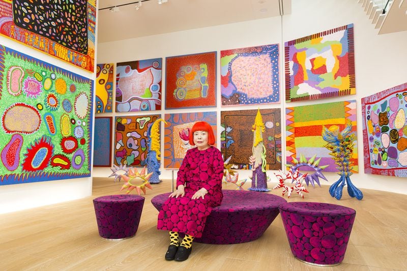 Yayoi Kusama, who is 89, has been producing art for more than 60 years. Here she is seen in a 2016 photo with recent works. CONTRIBUTED BY TOMOAKI MAKINO