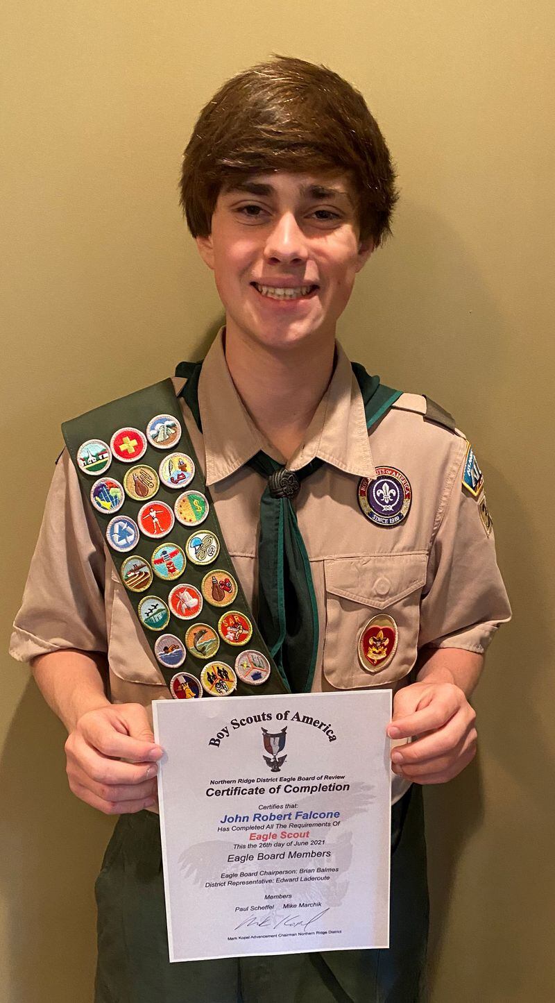 The Northern Ridge Boy Scout District (Cities of Roswell, Alpharetta, John’s Creek, Milton) announced John Falcone, of Troop 3000, passed his Board of Review on June 26 to become an Eagle Scout. Sponsored by Birmingham United Methodist Church, his project was the design and construction of four basketball dribble ramps for special needs adults/children for  the North Metro Miracle League.