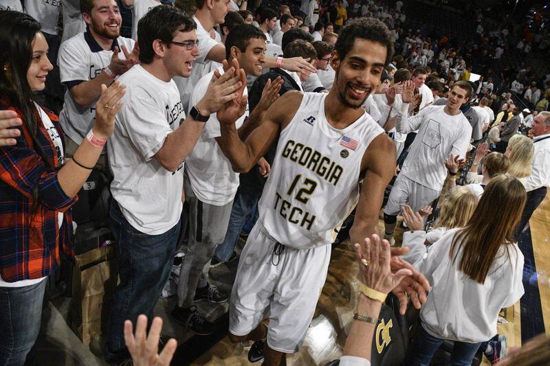  Georgia Tech forward Quinton Stephens celebrates with fans after the Yellow Jackets' win over Syracuse. (John Amis/Special to the AJC)