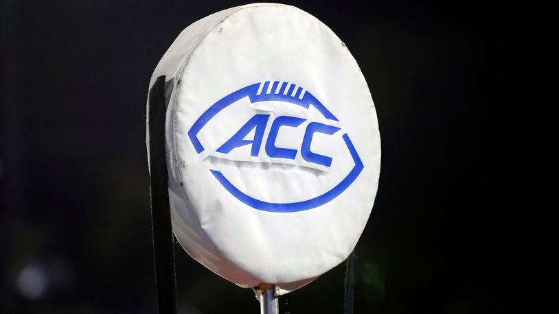 The ACC logo atop the chain marker during the second half of a game between Duke and North Carolina A&T, in Durham, N.C.