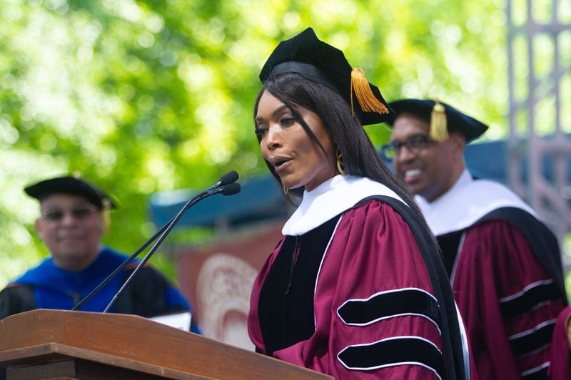 Actress Angela Evelyn Bassett talks to the crowd after receiving her honorary degree during the Morehouse College commencement ceremony In Atlanta on Sunday, May 19, 2019. (Photo: STEVE SCHAEFER / SPECIAL TO THE AJC)