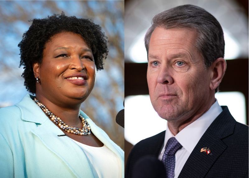 In a new poll, Georgia voters were almost evenly divided over Stacey Abrams, with 49% giving her an unfavorable rating compared to 47% who had a positive review. Gov. Brian Kemp earned a 51% favorable rating, compared to a 43% unfavorable. (File photos)