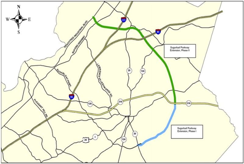 A map of the proposed Sugarloaf Parkway extension, with the planned expansion shown in green. COURTESY OF GWINNETT COUNTY