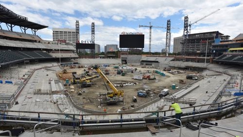 Construction continues on the Atlanta Braves’ new stadium, SunTrust Park, in Cobb County. The stadium will be more high-tech than Turner Field with increased wi-fi capacity, TV monitors near select seats, and LED lights. BRANT SANDERLIN/BSANDERLIN@AJC.COM