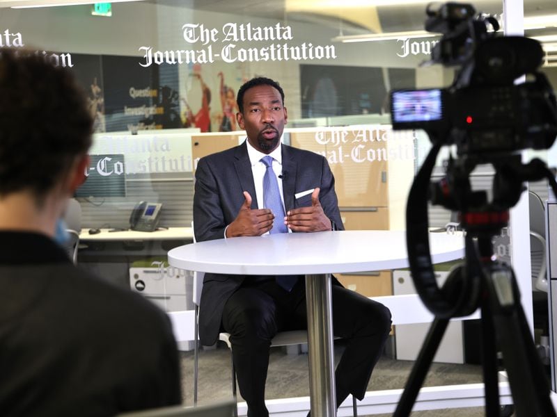 Councilman Andre Dickens speaks at The Atlanta Journal-Constitution offices about two weeks before the mayoral runoff. (Tyson Horne/tyson.horne@ajc.com)