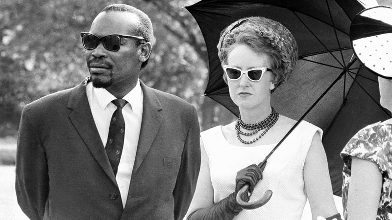 Seretse Khama and Ruth Williams during Zambia's independence celebration in 1964. Seretse Khama would become his country's first president the following year. (AP Photo/ Dennis Royle)