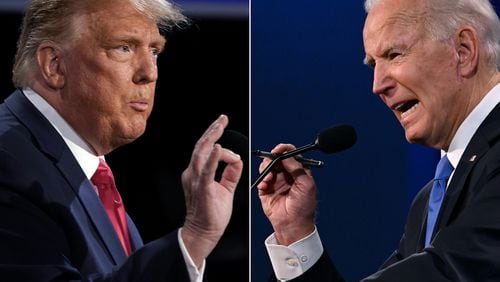 A new Atlanta Journal-Constitution polls shows former President Donald Trump, left, and President Joe Biden with within the margin of error of 3.1 percentage points about a year ahead of the 2024 election. (Brendan Smialowski and Jim Watson/AFP via Getty Images/TNS)