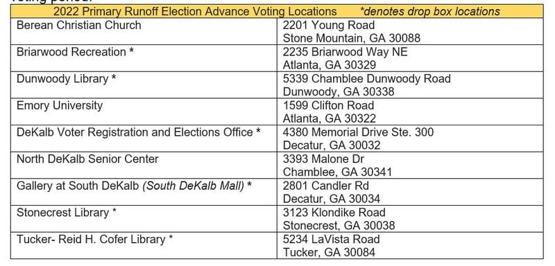 Early voting locations for June 21 runoffs, DeKalb County.