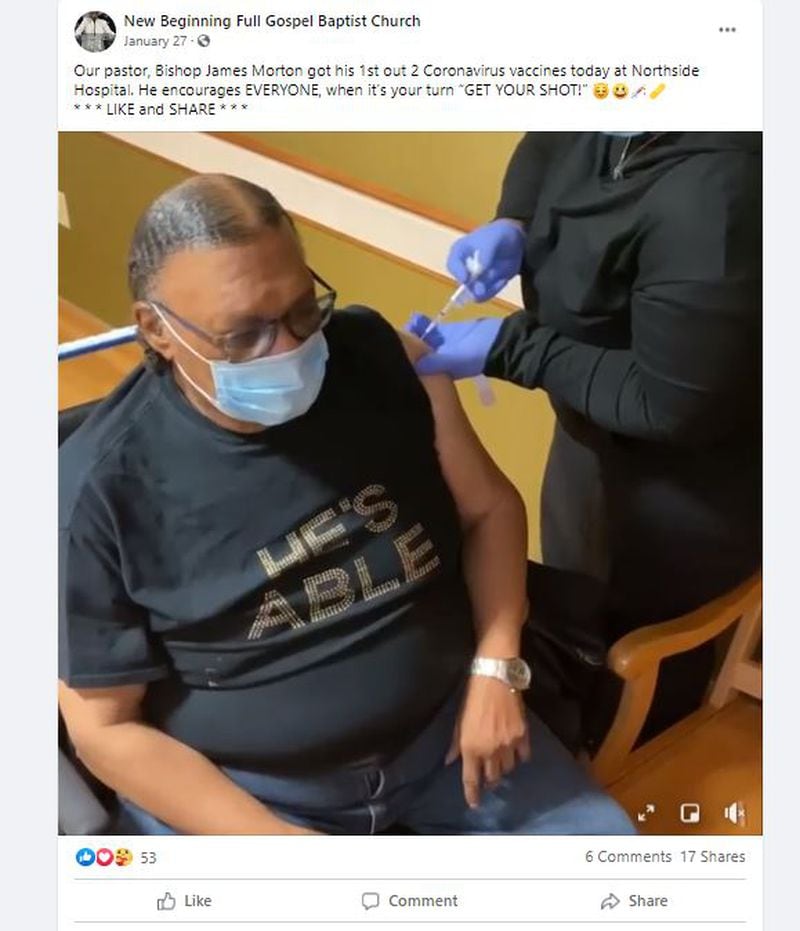 Bishop James H. Morton, pastor of New Beginning Full Gospel Baptist Church in Decatur, recorded and posted his COVID-19 vaccination on the church's Facebook page to encourage members to take the vaccine. FACEBOOK